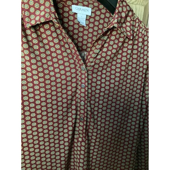 Carmen Marc Valvo Blouse Women Large Red Yellow Floral All Over Print Long Sleev - Picture 3 of 5